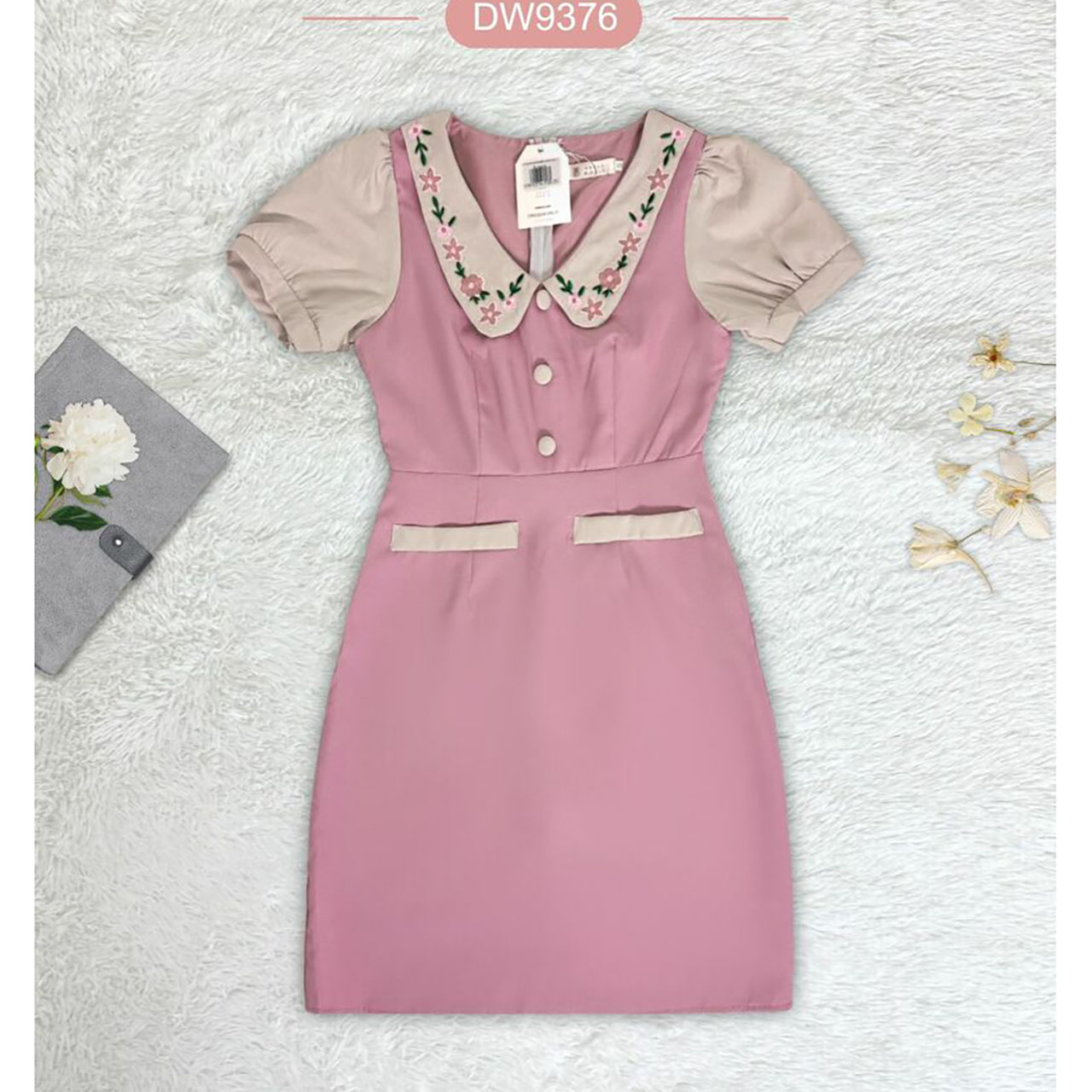 kudapy เดรสสั้นสีชมพู/สีแดง/สีกรม คอปกแขนตุ๊กตาแต่งกระดุม 3 ชิ้น