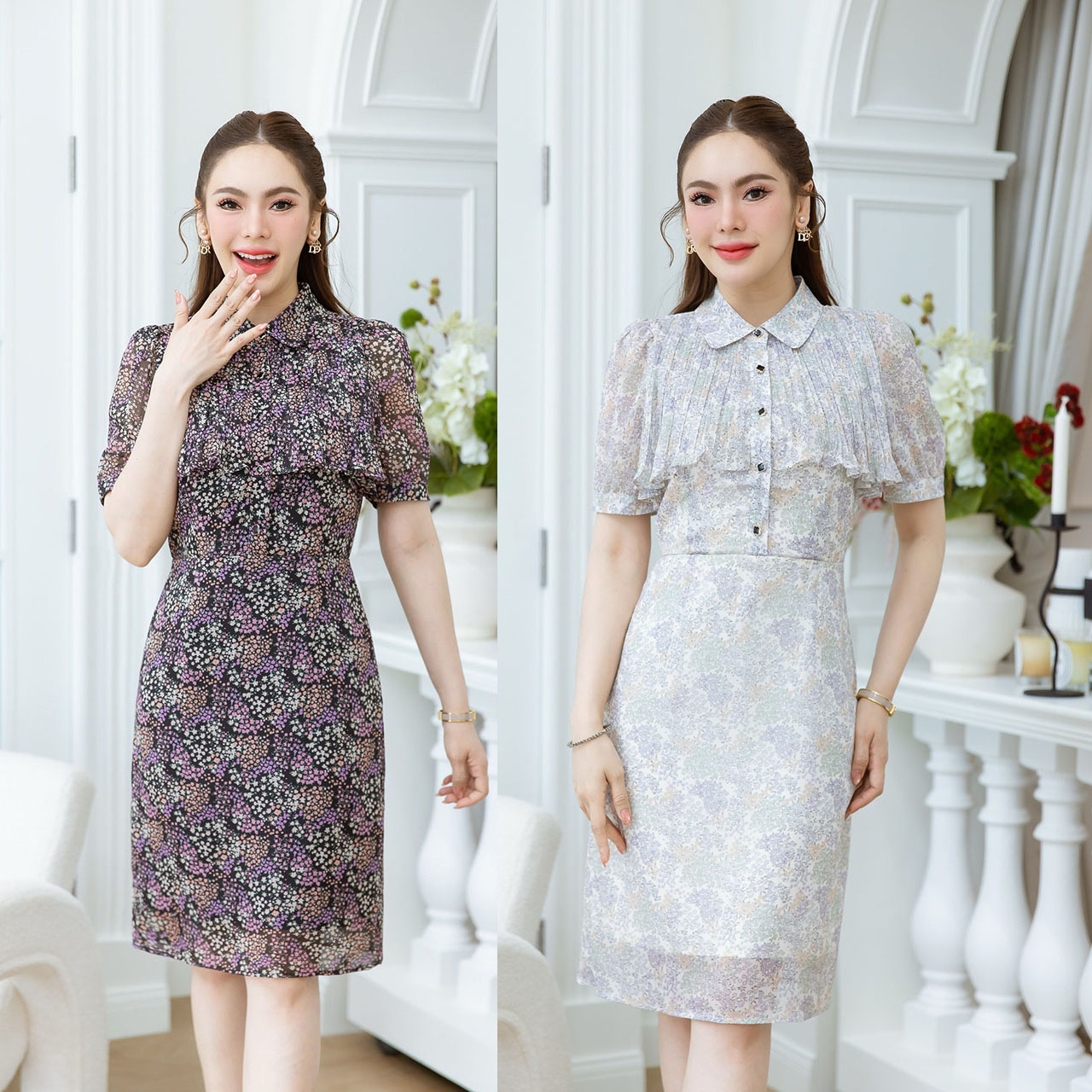 kudapy เดรสคอปกอกพลีทระบาย ลายดอกเล็กสวยละมุน ช่วงอกเป็นกระดุมใบโควเวอร์ดำ เปิดได้จริง ดีเทลช่วงอกอัดพลีทสวยมีวอลุ่ม