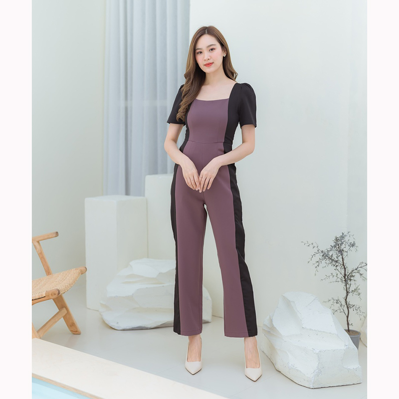 kudapy จั้มขายาวแขนสั้นสีครีม/สีม่วง เนื้อผ้าดี ใส่สบายตัว