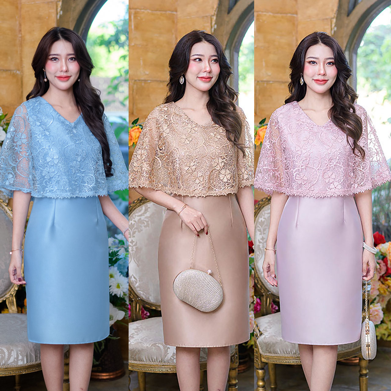kudapy เดรสสั้นสีน้ำตาลอ่อน/สีชมพูอ่อน ดีไซน์เรียบหรู ตัวนี้เป็นผ้าไหมญี่ปุ่น คลุมด้วยผ้าลูกไม้ใยบวบลายปักดอกไม้ที่ผ้าสวยคุณภาพดี คอวี