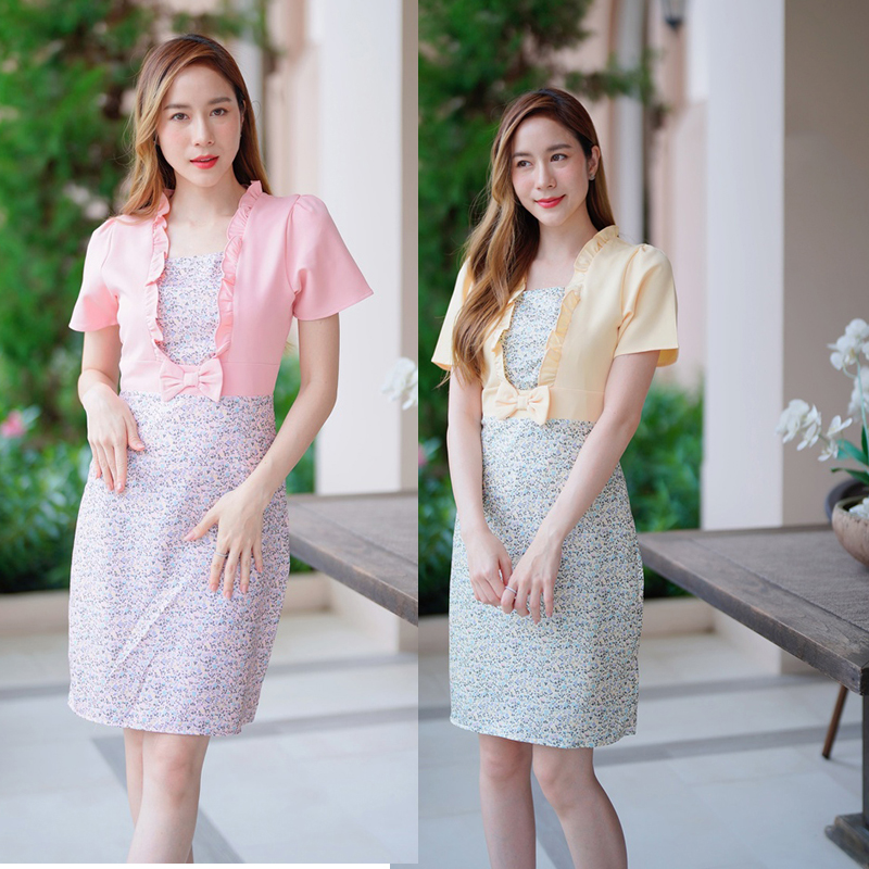 kudapy เดรสสั้นสีเหลือง/สีชมพู สีพื้นกระโปรงลายดอกแต่งโบว์ด้านหน้าสวยดูดี