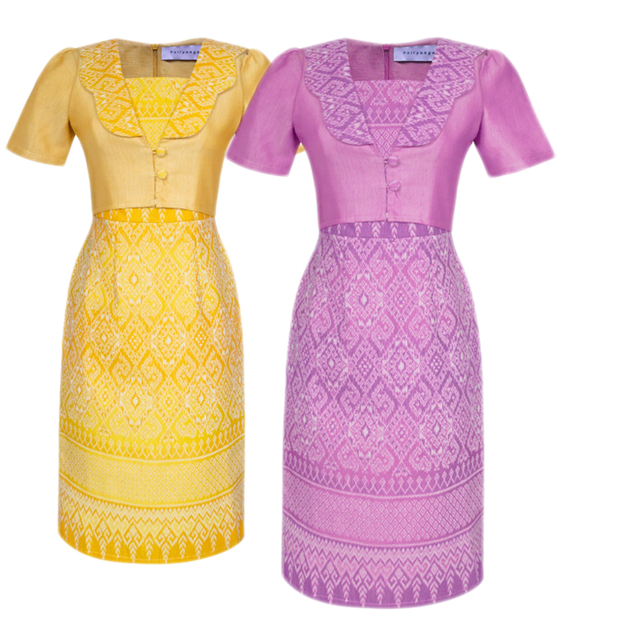 kudapy เดรสยาวสีม่วง/สีเหลือง กระโปรงทรงเอพิมพ์ลายเสื้อทรงกั๊ก