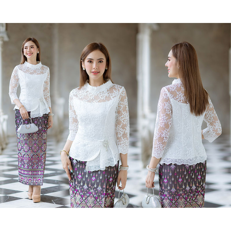 kudapy เสื้อผ้าลูกไม้สีขาว/สีม่วง/สีน้ำตาล มีซิปหลังสวมใส่ง่าย+ผ้าถุงงานทอลายละเอียดทั้งตัว