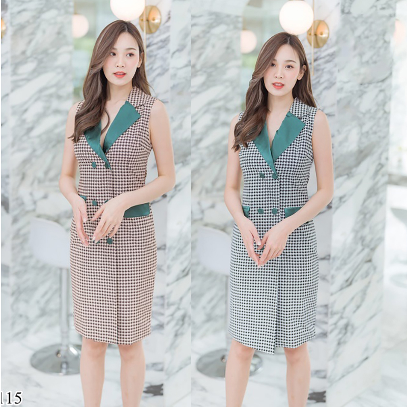 kudapy เดรสสั้นสีครีม/สีขาว คอปกสูทแขนกุดใส่สวยดูดี