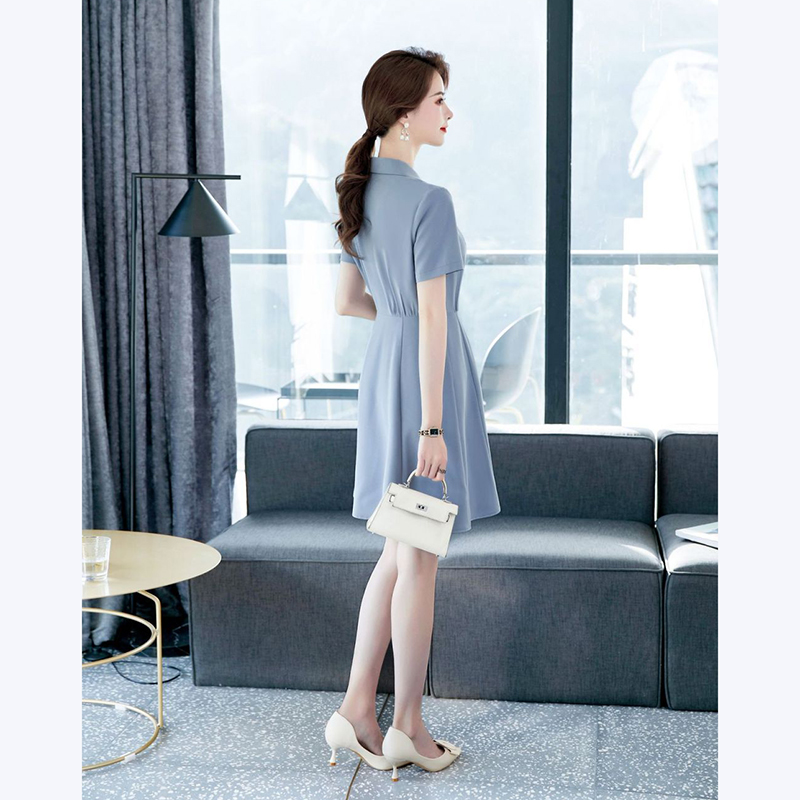 kudapy เดรสแขนสั้น คอปก ผ้าไม่บาง สีเทา สีแดง สีดำ และสีชมพู เหมาะสำหรับใส่ทำงาน หรือใช้เป็นชุดยูนิฟอร์มบริษัท