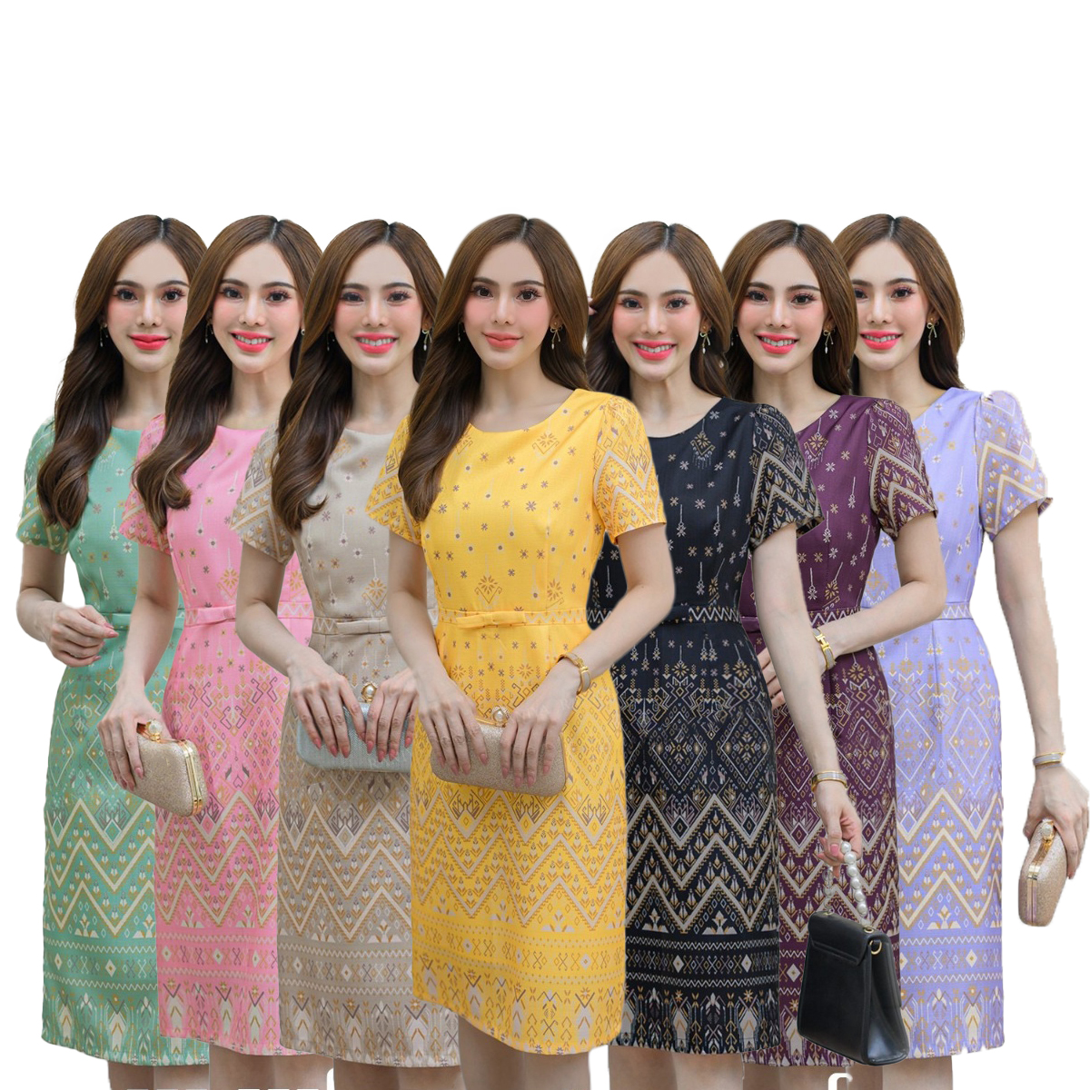kudapy ชุดเดรสทรงสอบงานผ้าซาร่าพิมพ์ลายไทย คอกลม งานมีซับใน ชิปซ่อนหลัง (สีม่วงพาสเทล/สีเขียวพาสเทล/ สีชมพู/ สีเหลือง/สีดำ/ สีครีม/ สีมังคุด)
