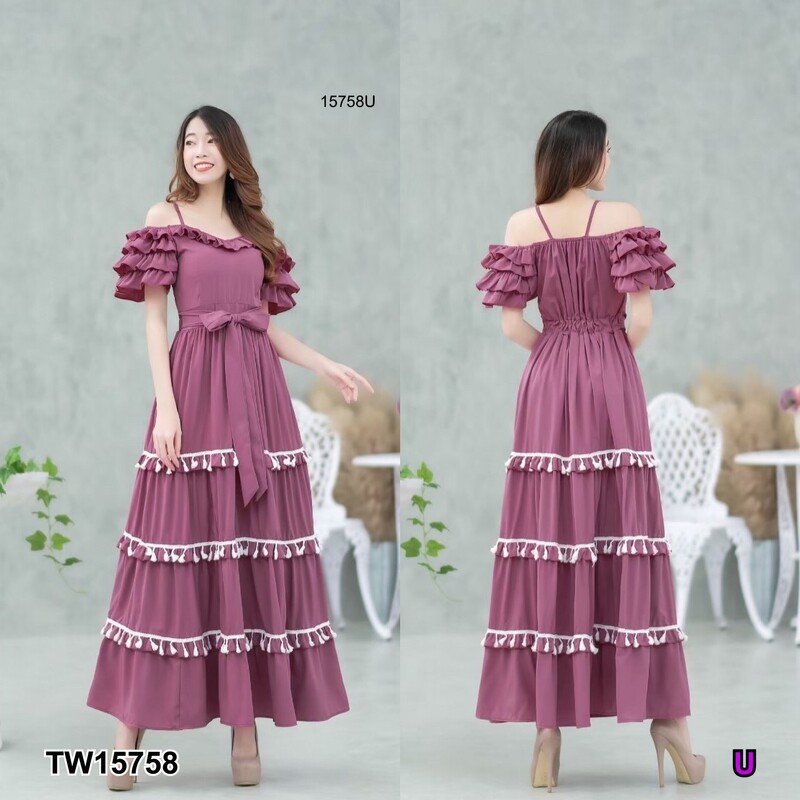 kudapy แม็กซี่เดรสสีชมพู ม่วง ม่วงอ่อน เขียว โอรสเข้ม สายเดี่ยวเว้าไหล่ แขน 2 ข้างระบายชั้น ผ้าไหมอิตาลี่ ระบายชั้นๆ