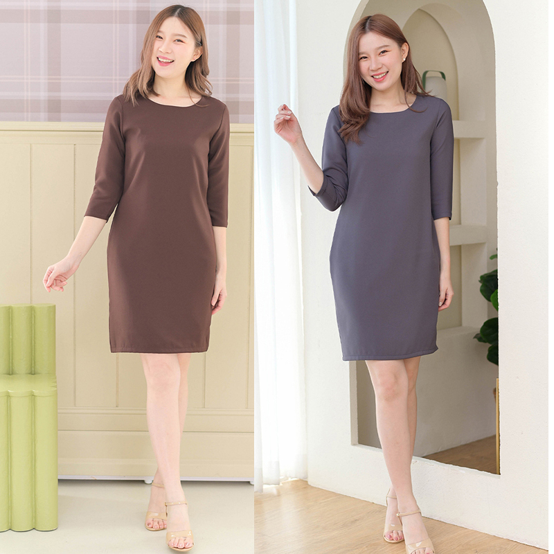 kudapy เดรสสั้นสีน้ำตาลเข้ม/สีเทาเข้ม คอกลมทรงเรียบ คลาสสิก ไม่มีเกล็ด รีดง่ายใส่สบาย ซับในทั้งตัว เป็นซีรีย์ที่ควรมีติดตู้ไว้เลย