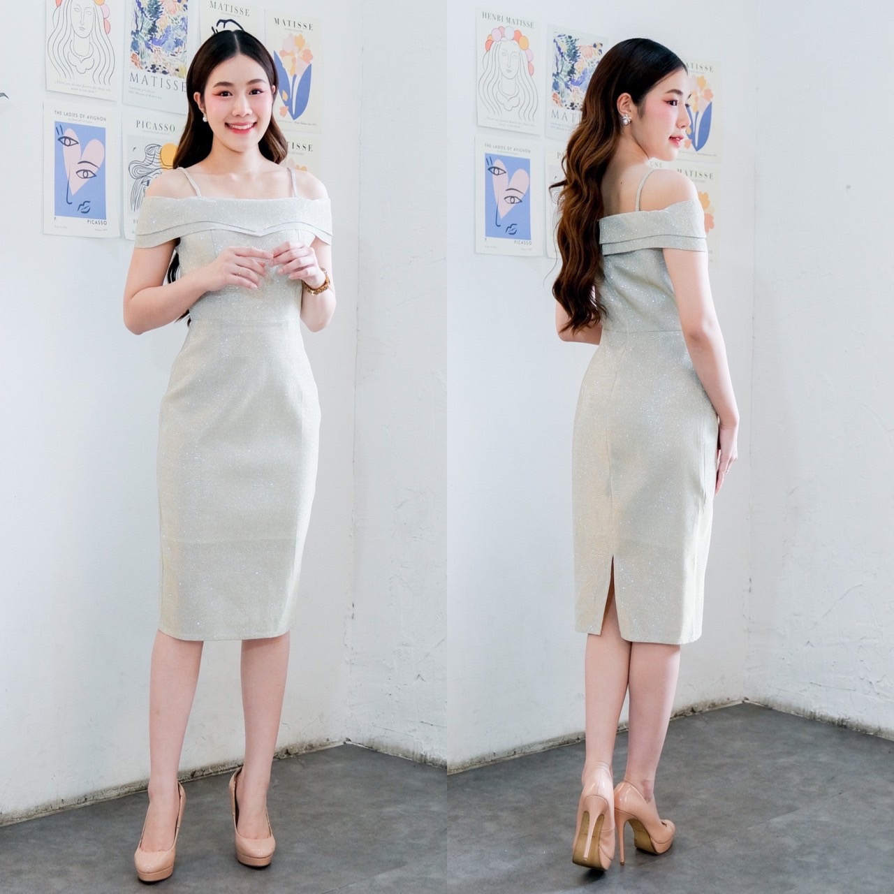 kudapy เดรสสั้นสีม่วง/สีชมพู/สีทอง ผ้ากลิตเตอร์ สายเดี่ยว ปิดแขน ทรงเข้ารูป ผ่าหลัง เดินสะดวก ใส่ออกงานสวยดูดี