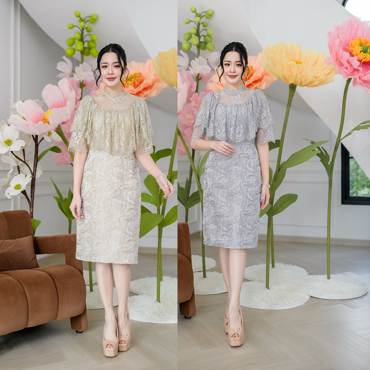 kudapy เดรสทรงคอปีนและผ้าลูกไม้ฝรั่งเศส ด้านบนเป็นผ้าลูกไม้ฝรั่งเศสคลุมไหล่คอปีนด้วยลูกไม้บางๆ