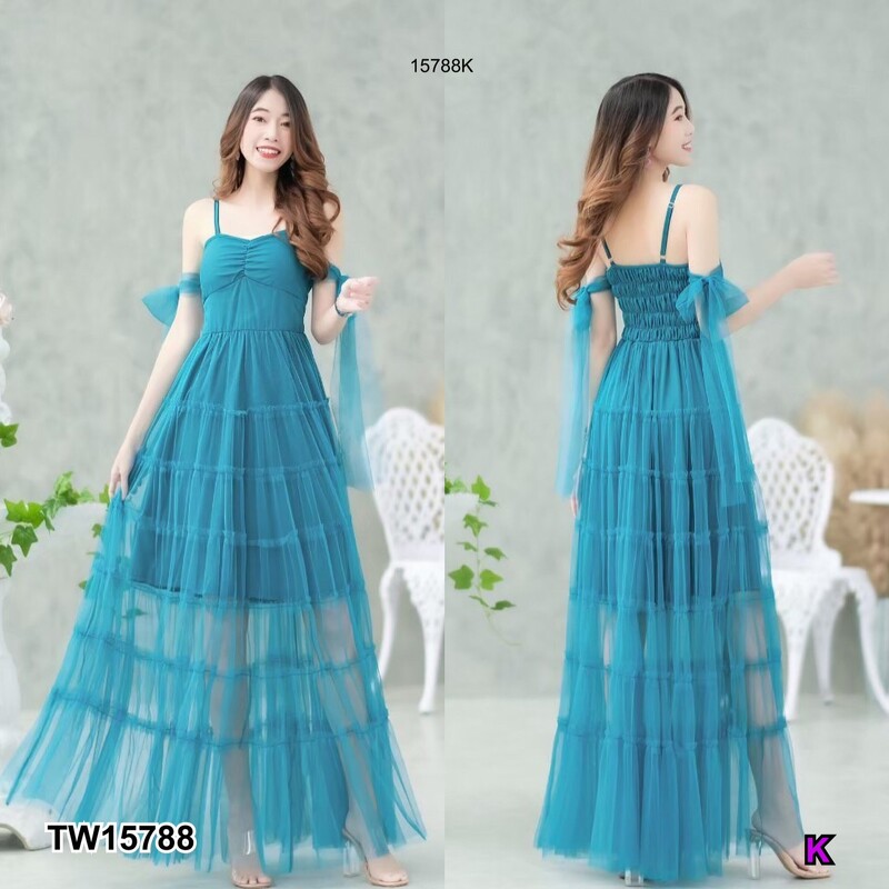 kudapy แม็กซี่เดรสสายสีชมพู น้ำตาล เขียว แดง เดี่ยวตาข่ายทั้งชุด มีซับใน มีสม็อคหลัง ดีแขนแขน 2 ข้าง ผูกโบว์ สีพื้น