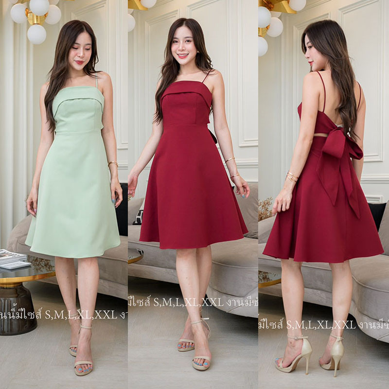 kudapy เดรสสั้นสีแดง/สีชาเขียว สายเดี่ยวกระโปรงบานแต่งผูกโบว์หลัง งานไฮมีซับใน งานสวยมากๆค่ะ ใส่แล้วดูคุณหนู ออกงานมินิมอลเรียบหรูดูแพง