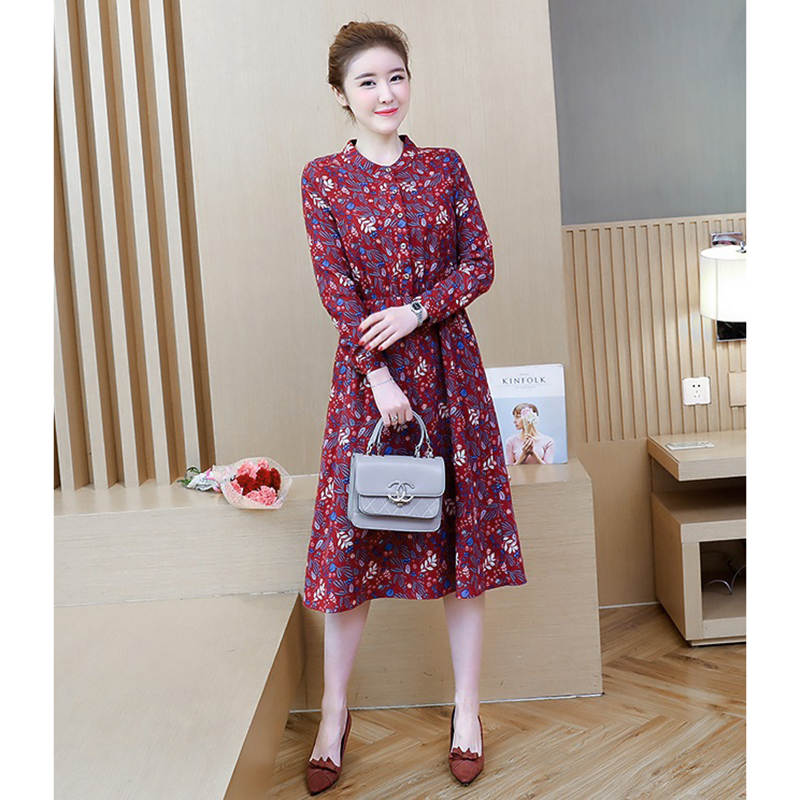 kudapy เดรสสั้นสีกรม-สีแดง ผ้าฝ้ายแขนยาว พิมพ์ลายใบไม้ เอวจั้ม มีกระเป๋าทั้ง2ข้าง ปลายแขนมีกระดุม ผ้าใส่สบาย