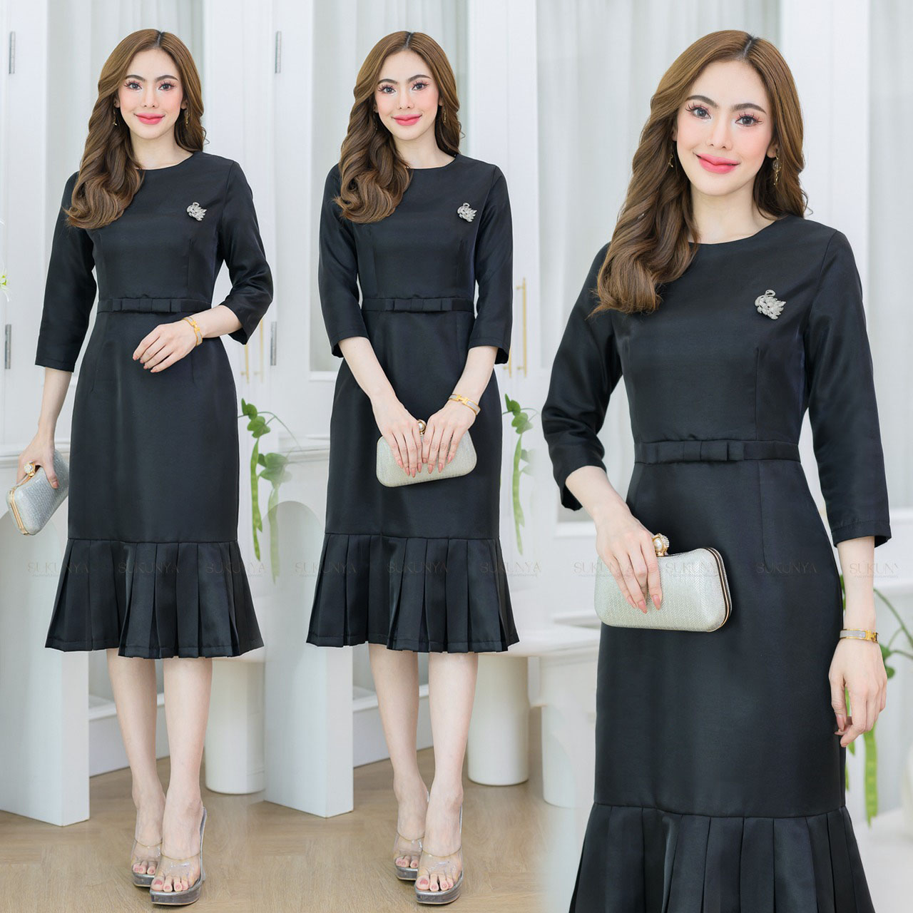 kudapy เดรสสั้นสีเหลือง/สีครีมทอง/สีพิ้งโกล์ด/สีชมพูเข้ม/สีดำ ผ้าไหมงานอัดกาว ทรงเอแต่งโบว์ช่วงท้อง ด้านหน้าตีเกรดเข้าทรง ดีไซน์ชายกระโปรงอัดพลีท พร้อมชิปซ่อนหลังใส่สบาย