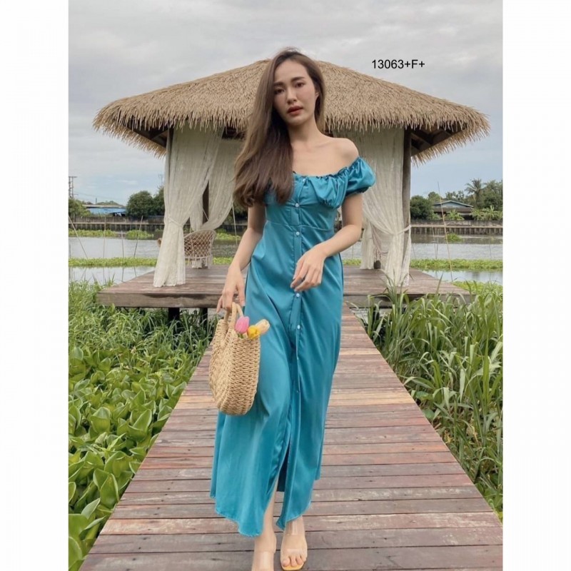 kudapy เดรสกระดุมผ่าหน้ายาวสีส้ม เขียว ม่วง คอกว้าง ผ้าไหมอิตาลี่ ใส่ได้ 2 แบบ ปาดไหล่