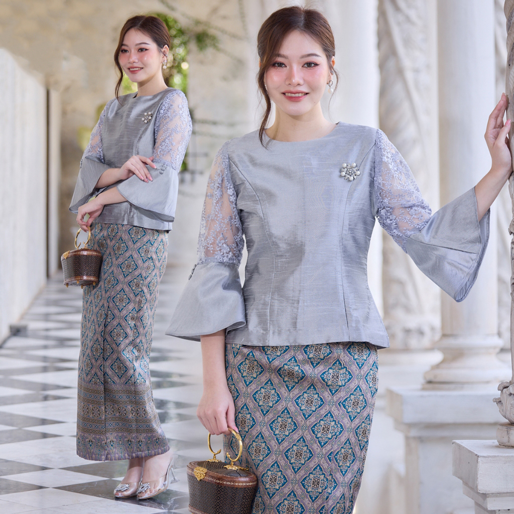 kudapy เซตออกงานสีเทา เสื้อผ้าไหม+ผ้าถุงทอลายกาฬสินทร์