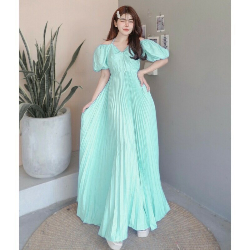 kudapy เดรสยาวแขนพอง สายผูกคอ กระโปรงอัดพลีท เดรสไปทะเลพริ้วๆ