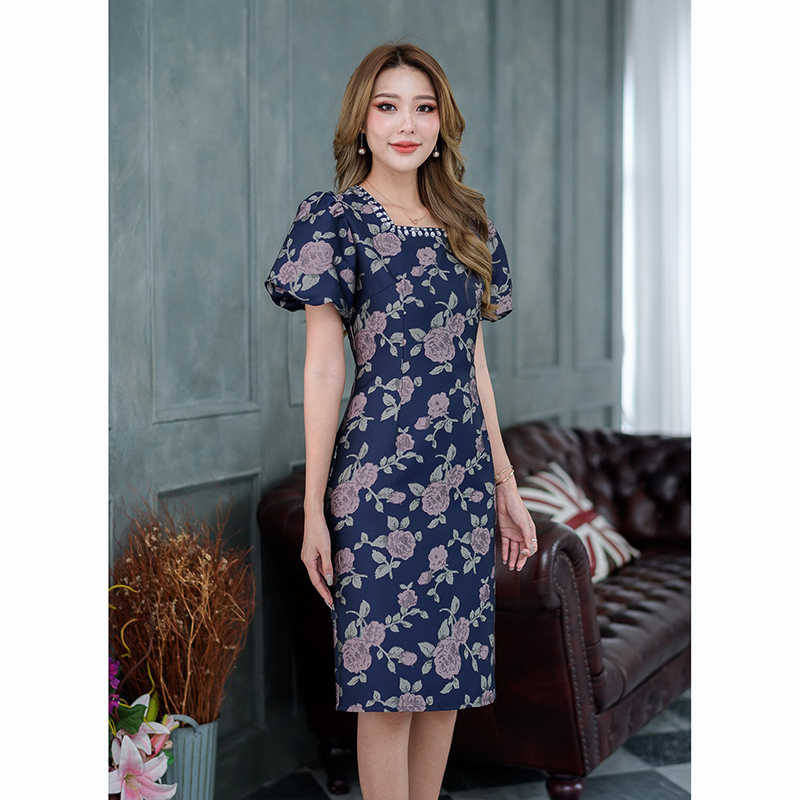 kudapy เดรสสั้นสีชมพูโรสโกล/สีกรม ลายผ้าโดดเด่นเนื้อผ้าดีลายสวยไม่แข็งกระด้างใส่สบาย