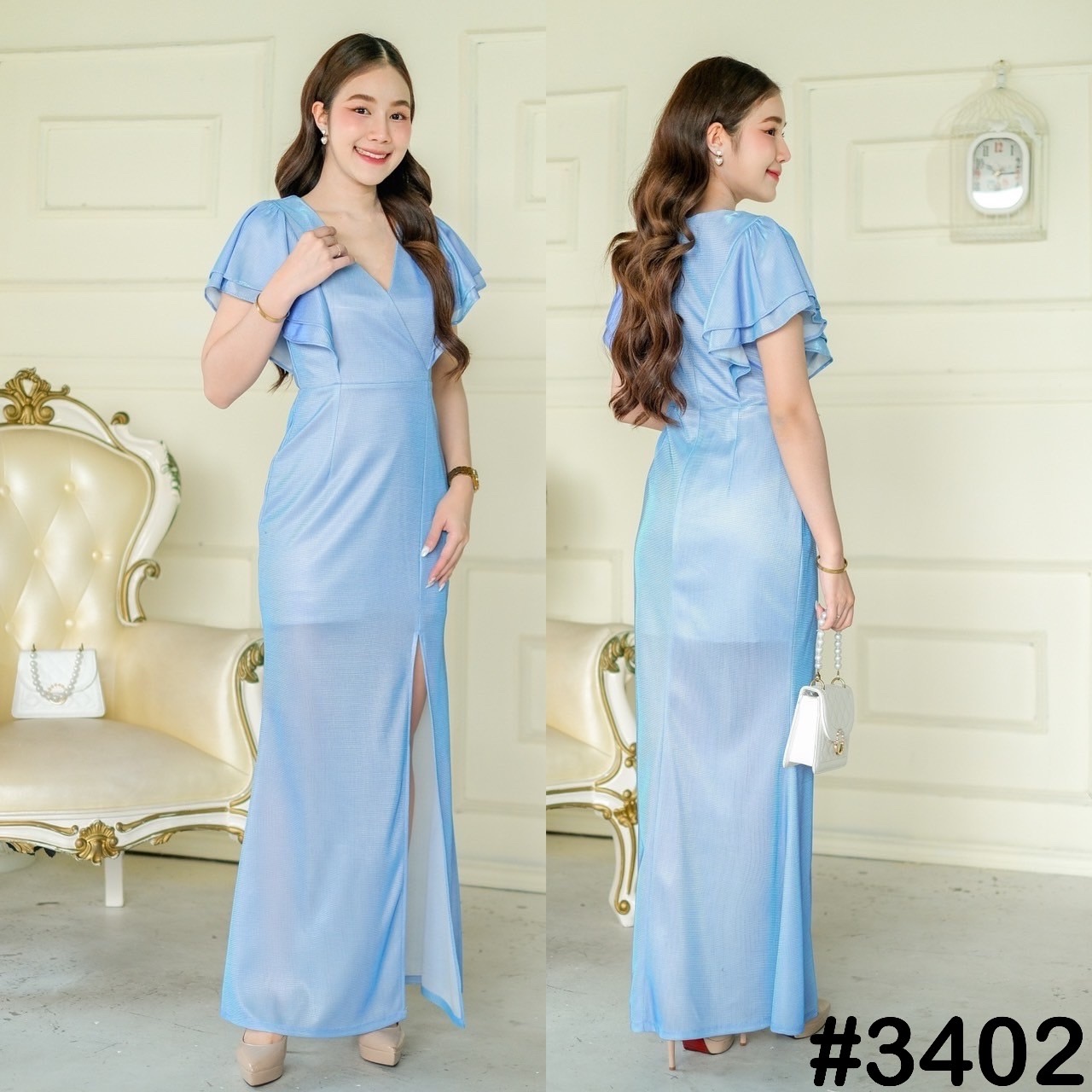 kudapy เดรสยาวสีแชมเปญ,ทอง,เขียว,ชมพู,ฟ้าเหลือบม่วง คอวีอกไขว้ จับจีบแขนระบายพริ้ว พรางต้นแขน กระโปรงทรงสอบยาว