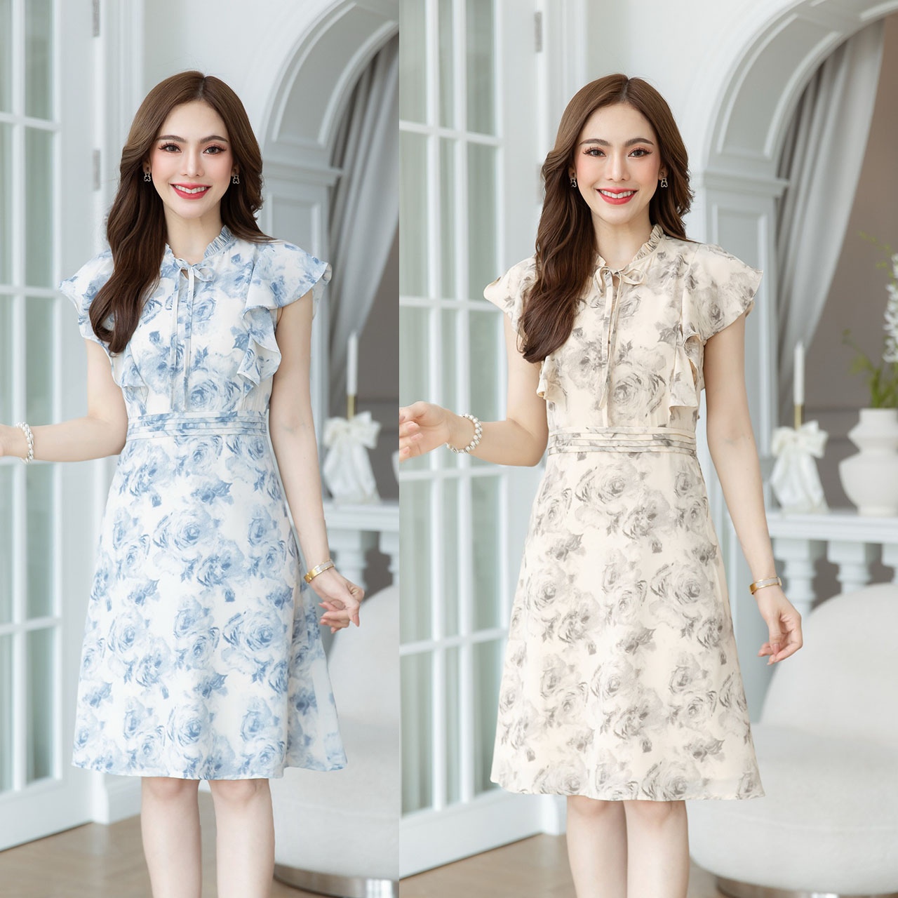 kudapy เดรสสั้นสีครีม/สีฟ้า แขนปีกคอโบว์ ผ้าลายสวยเป็นโทนพาสเทลคลาสสิค มีดีเทลตีเกล็ดขอบเอว เป็นซิปหลัง มีซับใน