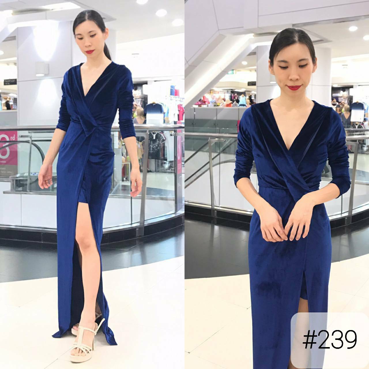 kudapy เดรสยาวสีน้ำเงิน คอวี ผ้าไหมกำมะหยี่ ผ้าใส่สบายตัวสวยดูดี ออกงานเลิศมากๆ