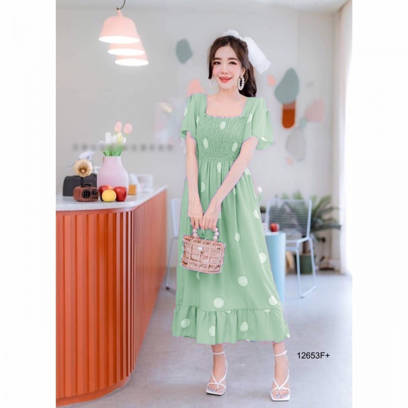 kudapy เดรสยาวสีกรมท่า ดำ ฟ้า เขียว เหลือง แดง คอเหลี่ยมแขนระบาย ผ้าไหมอิตาลี่ลายจุดใหญ่ อกแต่งสม็อค ชายเดรสแต่งระบาย
