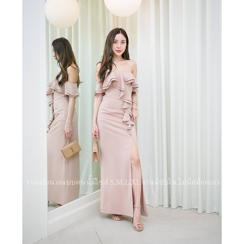 kudapy เดรสยาวสีน้ำตาลอิฐ/สีโอวัลติน สวยออกงาน ปาดไหล่ระบาย2ชั้น ทรงสวยออกงานเริ่ดดๆ ผ้าเนื้อดีมีซับใน