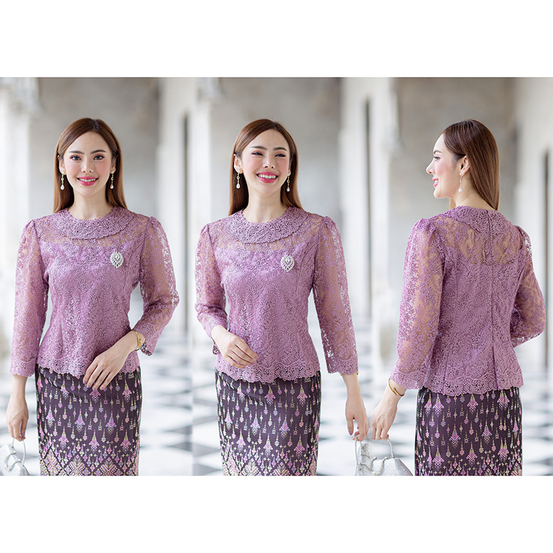 kudapy (เฉพาะเสื้อ) เสื้อลูกไม้สีขาว/สีฟ้า/สีม่วง ตัวเสื้อใช้ผ้าลูกไม้ใยบวบเนื้อดีลายลูกไม้แน่นทั้งตัว ตัวเสื้อมาพร้อมซับในเนื้อดีในตัว ใส่ออกงาน งานบุญ / งานบวช งานแต่งได้