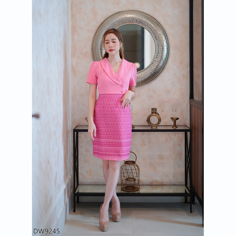 kudapy เดรสสั้นสีชมพู/สีกรม/สีม่วง คอปกสูทลายไทยใส่ออกงานวยดูดีมากๆ