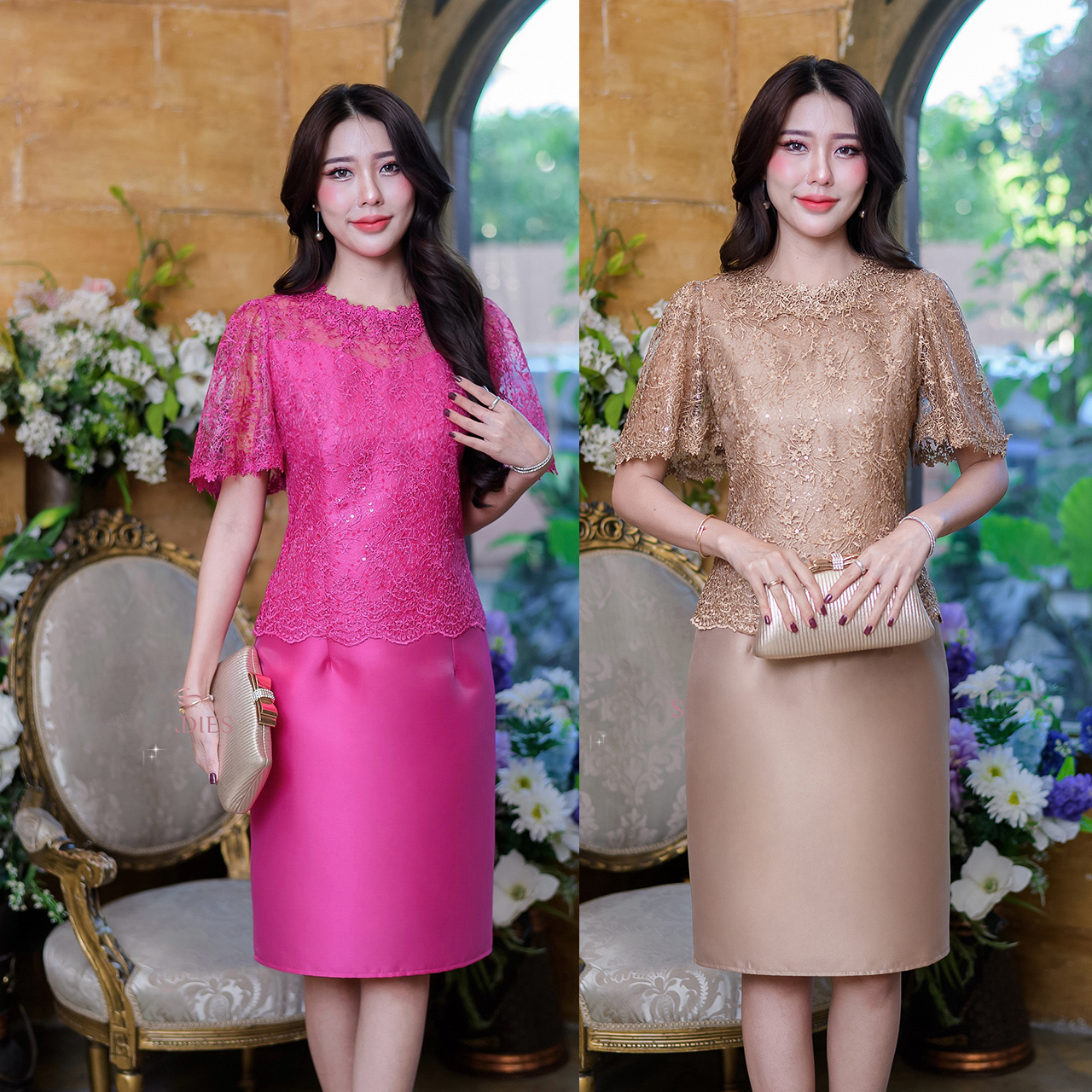 kudapy เดรสสั้นสีน้ำตาลทอง/สีชมพูบานเย็น ผ้าไหม ตัวเสื้อเป็นงานลูกไม้ใยบวบปักลาย ดีไซน์แขนสั้นระบายเป็นพวง