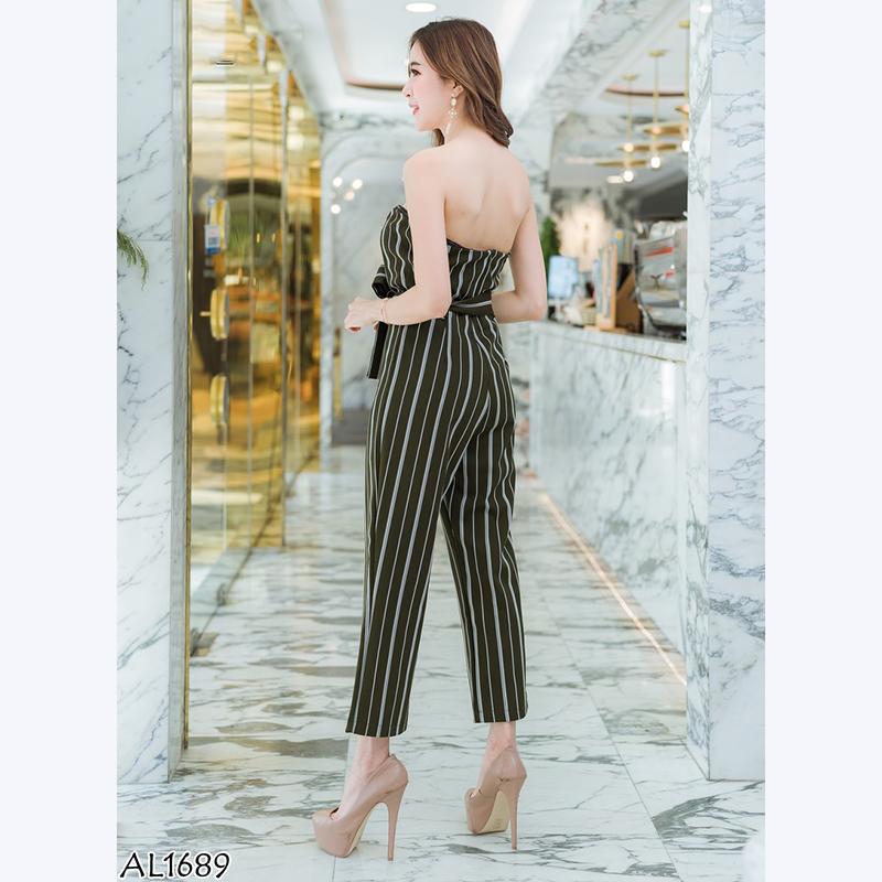 kudapy จั๊มสูทขายาวสีดำ,เขียว เกาะอกลายทางใส่สบายสวยดูดี