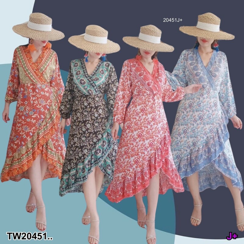 kudapy เดรสทรงอกไขว้กิโมโน แขนยาวปลายแขนสม็อค มีสายผูกเอวเข้ารูป กระโปรงทรงไขว้มีระบายต่อข้าง มีซับใน