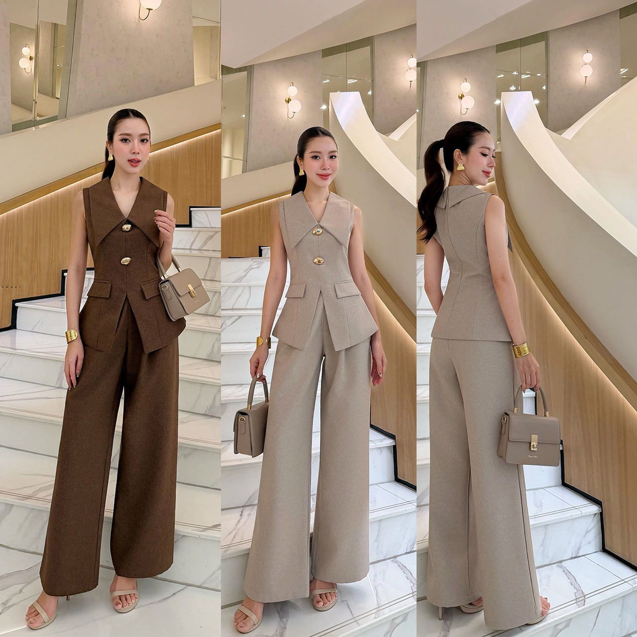 kudapy เซ็ตสุดหรูดูแพง ดีไซน์เรียบแต่แฝงความสง่างาม เหมาะสำหรับใส่ทำงาน ไดีไซน์เสื้อ ทรงเบลเซอร์แขนกุด ปกคอขนาดใหญ่เพิ่มมิต