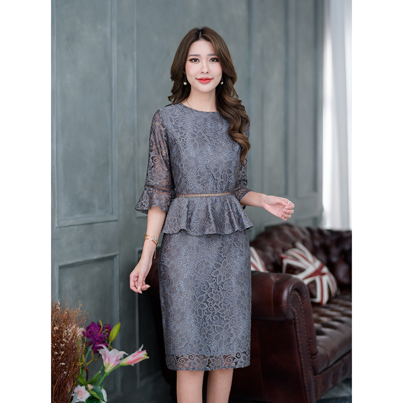 kudapy เดรสสั้นสีเขียว/สีเทา ลูกไม้ผ้านุ่มนิ่ม งานผ้าลูกไม้เนื้อหนานุ่มใส่สบาย งานผ้าลายสวยเรียบหรู