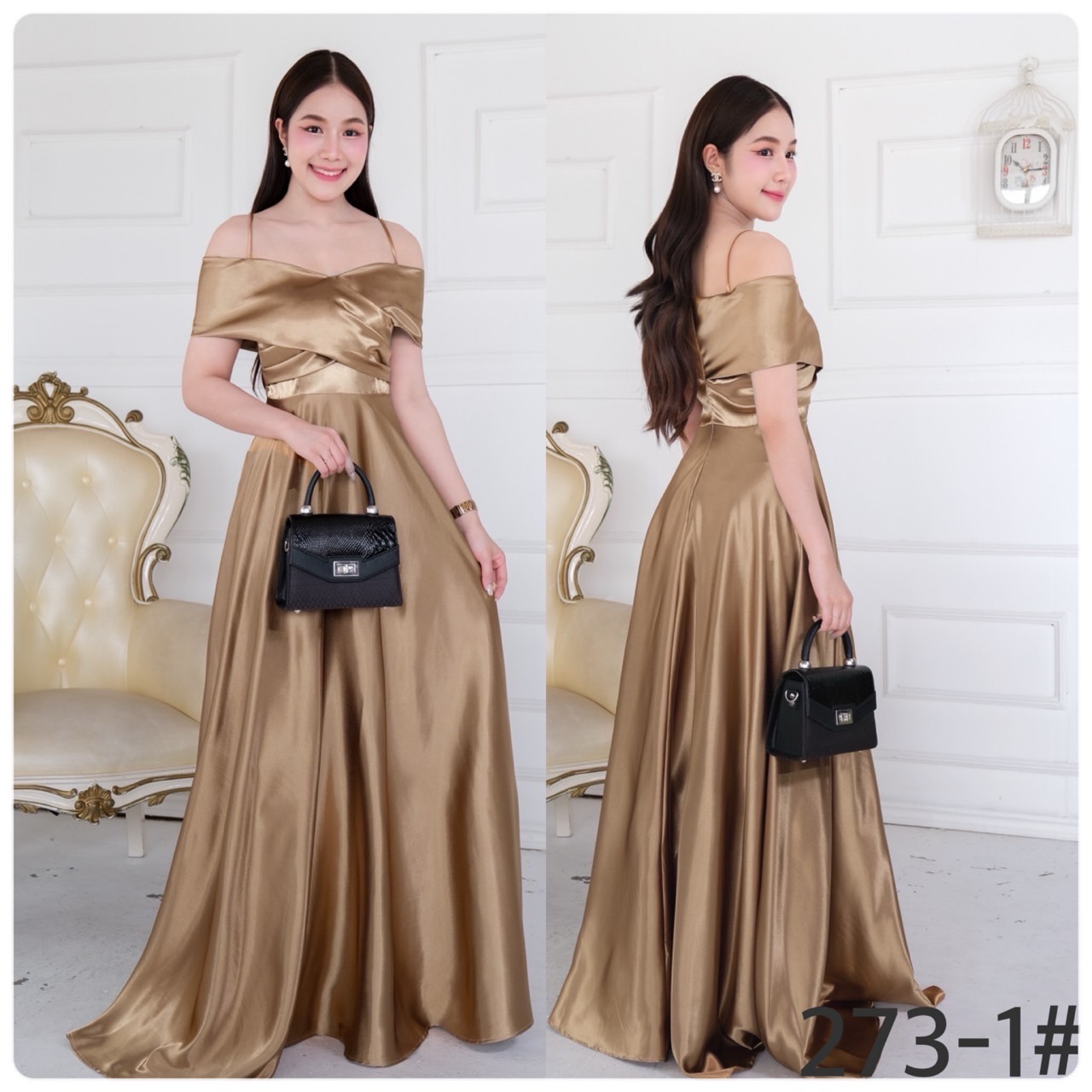 kudapy เดรสยาว เปิดบ่า สายเดี่ยวอกไขว้ กระโปรงบานเจ้าหญิง ผ้าซาติน ใส่ออกงานสวยดูดี