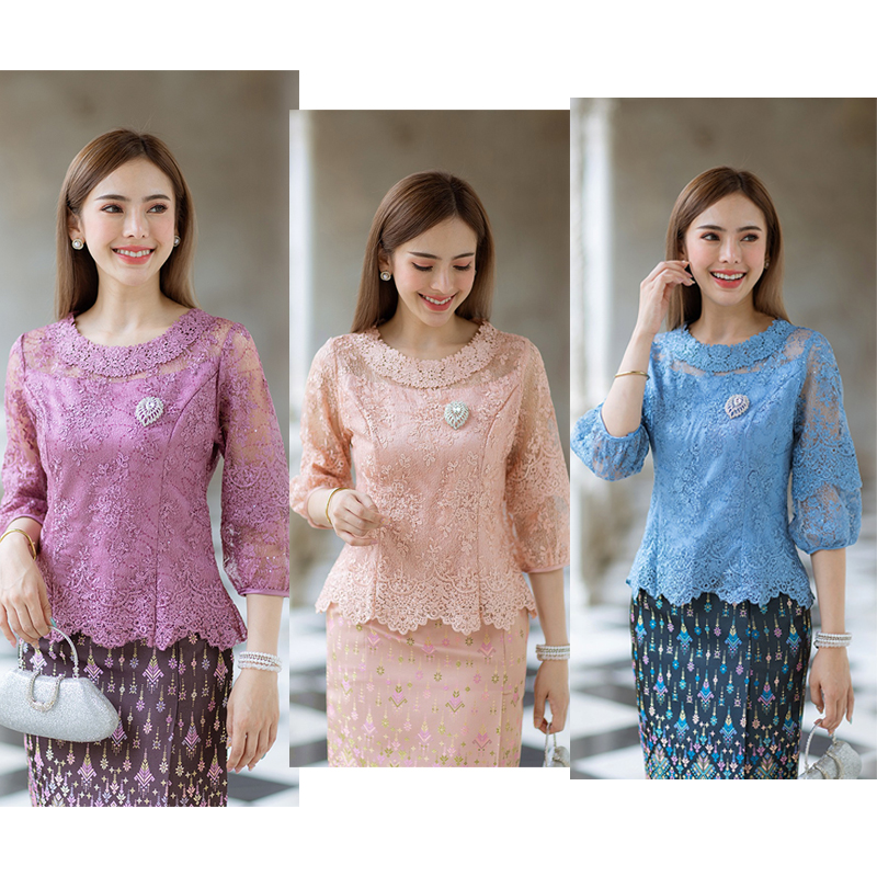 kudapy (เฉพาะเสื้อ) เสื้อลูกไม้ฝรั่งเศษแขนบอลลูน สีม่วง/สีฟ้า/สีชมพู คอกลม แขนสาวมส่วนทรงบอลลูนน่ารักมาก