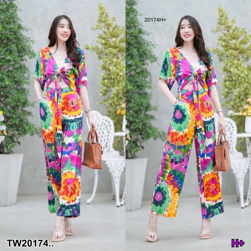 kudapy set 2 ชิ้น คอวี ไปทะเล เสื้อแขนสั้นผูกโบว์ด้านหน้าลายมัดย้อม + กางเกงขายาวทรงกระบอก