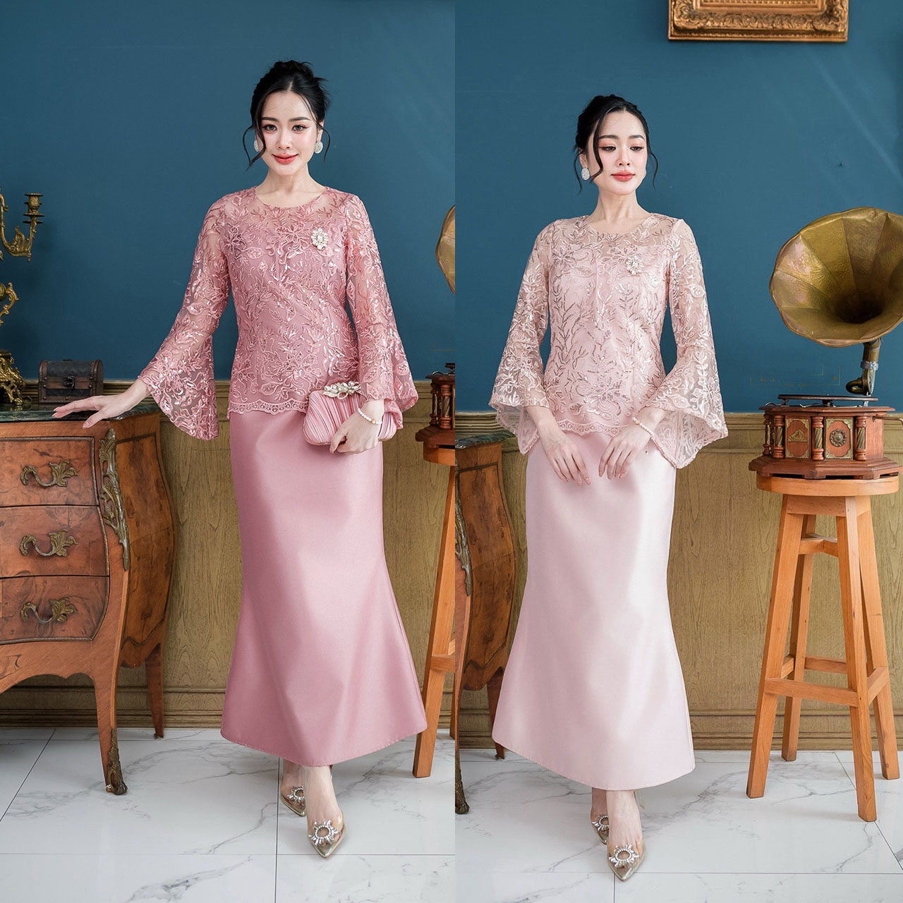 kudapy เดรสยาว ผ้าไหมทรงหางปลา กระโปรงทรงนี้เป็นทรง ผ้าลูกไม้แต่งเลื่อมแบบวิ้งทั้งตัวเลื่อม งานปักลูกไม้ยังเป็นงานปักผสมดิ้น