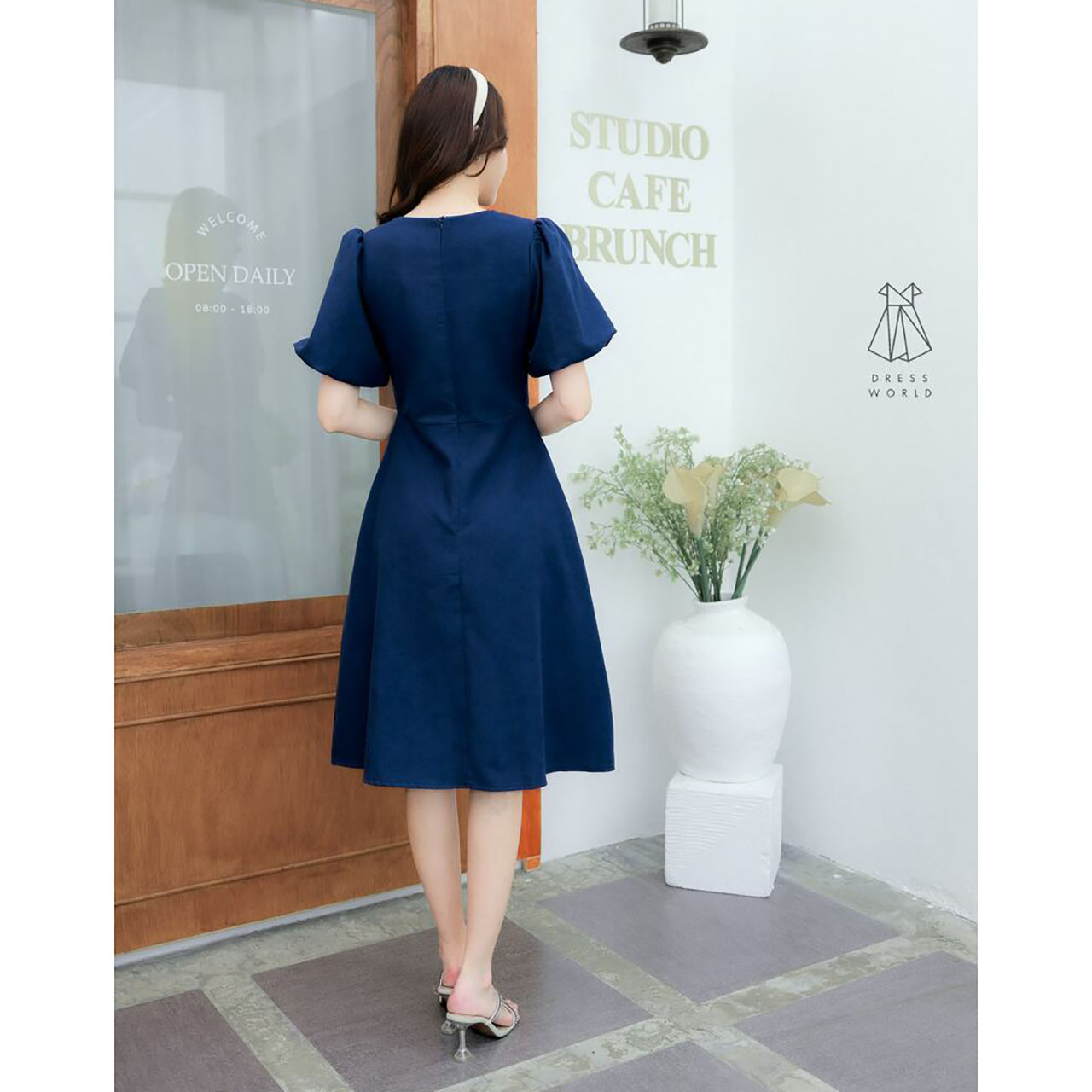 kudapy เดรสสั้นสีเหลือง/สีชมพู/สีกรม แขนตุ๊กตาผูกโบว์กระโปรงบาน ใส่สบายสวยดูดี