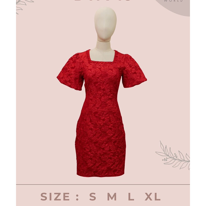 kudapy เดรสสั้นสีแดง/สีขาว/สีฟ้า ผ้าทอลายนูนคอเหลี่ยม ใส่ออกงาน ใส่ทำงาน ชุดดกี่เพา