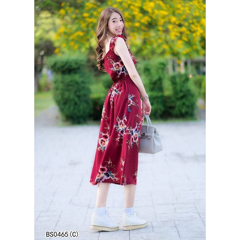kudapyดรสยาวสีขาว/นุ้ด/แดง/ชมพู/กรมท่า ระบาย ติดกระดุมอก เนื้อผ้าหางกระรอกพิมลายดอกไม้ เอวยืดสม็อคหลัง มีซับใน