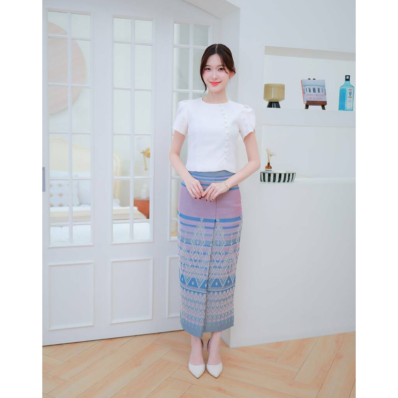 kudapy ชุดเซ็ทเสื้อผ้าไหมแต่งจีบตรวหัวไหล่ดูดี ผ้าถุงลายไทยสวยดูดีน่ารัก