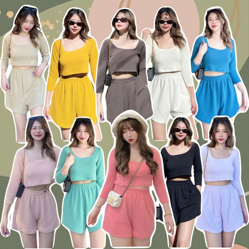 kudapy Set เที่ยวทะเล 2 ชิ้น cropแขน 3ส่วน +กางเกง Best sellers ผ้านุ่มนิ่ม ใส่สบายมว้ากก