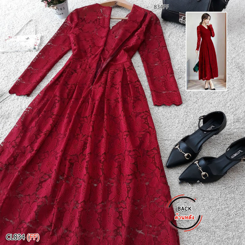 kudapy เดรสยาวสีเทา/สีขาว/สีโอรส/สีแดงเลือดหมู ลูกไม้แขนศอก คอวีป้ายหน้า (ช่วงบนไม่มีซับใน)งานลูกไม้ลายสวยหรู เย็บบุซับในช่วงกระโปรงอย่างดี