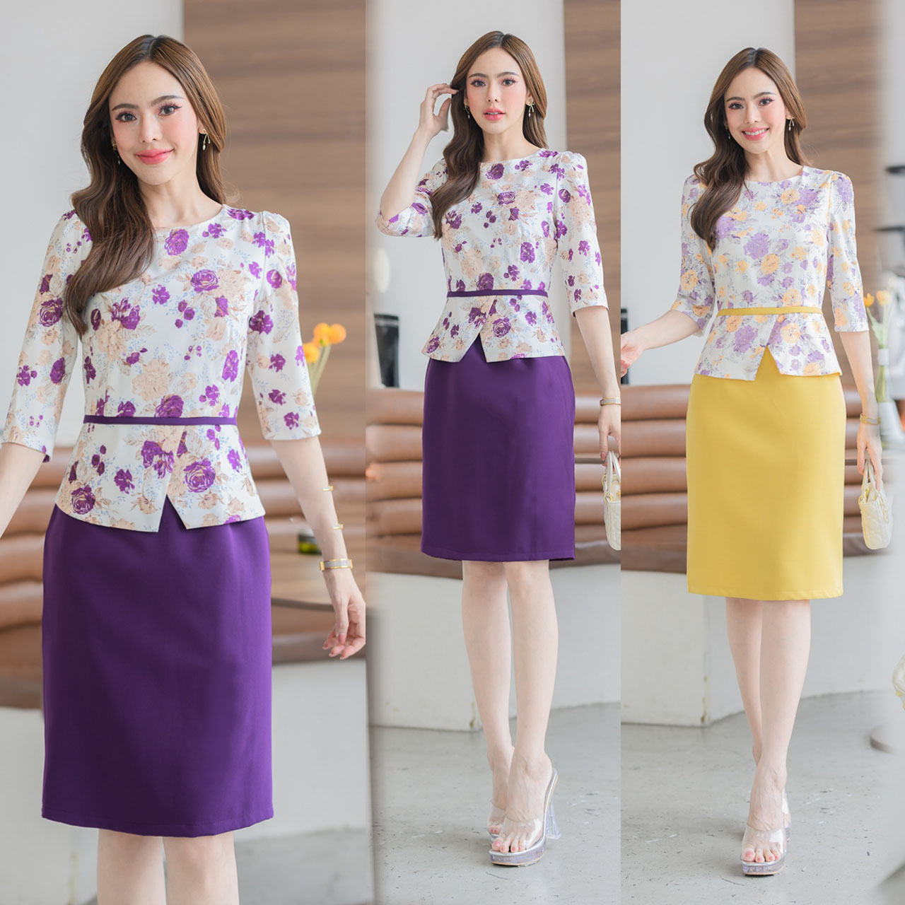 kudapy เดรสสั้นสีเหลือง/สีม่วง ผ้าโพลีเอสเตอร์เกรดนำเข้าอย่างดีทรงสวยแขนสามส่วน กระโปรงทรงเอ ปริ้นลายดอกผ่าหลังเล็กน้อย