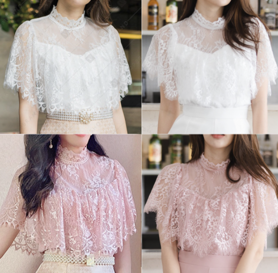 kudapy เสื้อลูกไม้สีขาว,สีชมพูแต่งระบายรอบอก ผ้าลูกไม้เนื้อนิ่ม สีสวยงานขายดีมากกค่ะรุ่นนี้