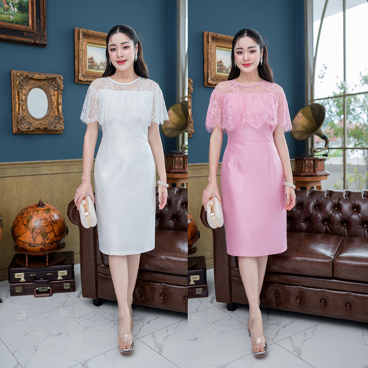 kudapy เดรสสั้นสีขาว/สีชมพุ ผ้าไหมอัดกาวทั้งชุด ดีไซน์คลุมไหล่ด้วยผ้าลูกไม้ฝรั่งเศส