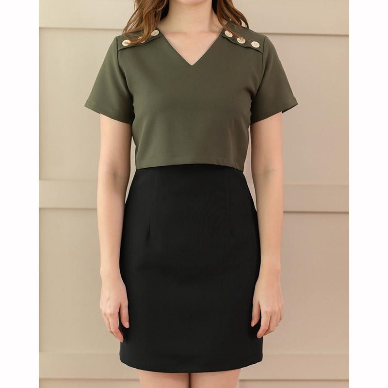 kudapy เดรสสั้นสีเขียวทหาร/สีเลมอน/สีชมพูเข้ม ซิปหลัง เข้ารูปทรงสวยเป๊ะ กิมมิคแต่งกระดุมที่บ่า ดูภายนอกเหมือนใส่แยกชิ้น