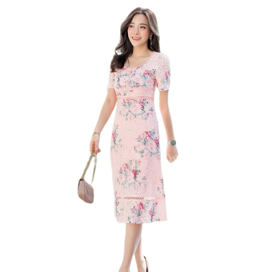 kudapy เดรสยาวคอเหลี่ยมตัวยูสีชมพู,สีขาว สีแดง,สีม่วง ผ้าฉลุลายดอกกุหลาบสวยดูดี