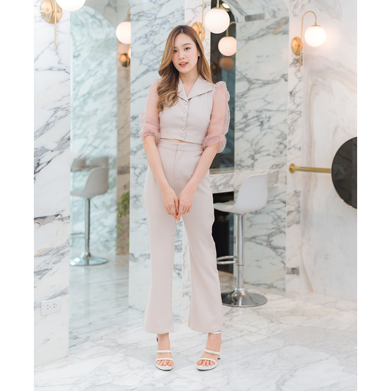 kudapy ชุดเซทเสื้อแขนยาวชีฟองสีดำ/สีครีม เข้าชุดกับการเกงขายาว ใส่สวยดูดี